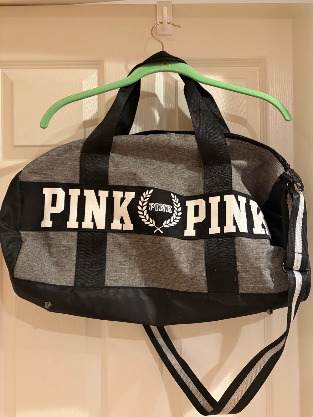 PINK Victoria's Secret Gray and Black Duffel Bag with Logo 12x19”